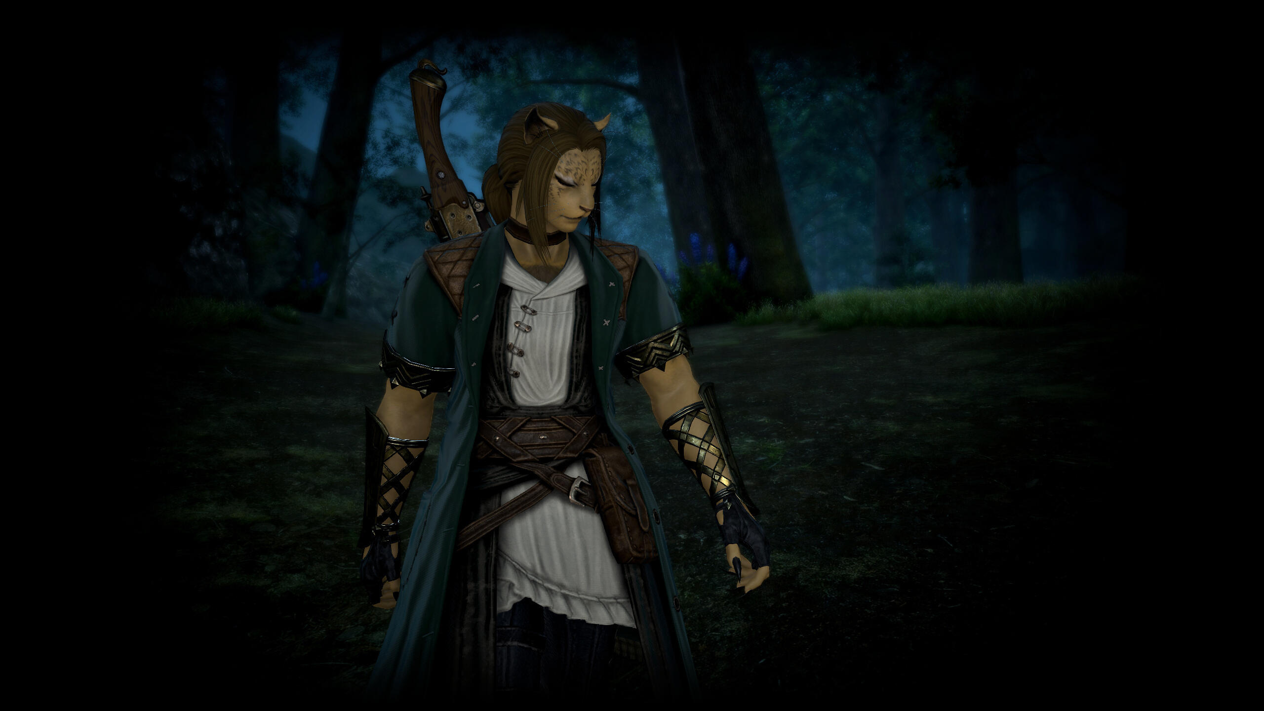 A female hrothgar with light, brown fur and a bit darker hair wanders along a forested road. She is wearing a green coat over a white shirt while her head is to the side and down. Her eyes are closed. She has the hilt of a gunblade behind her shoulder.