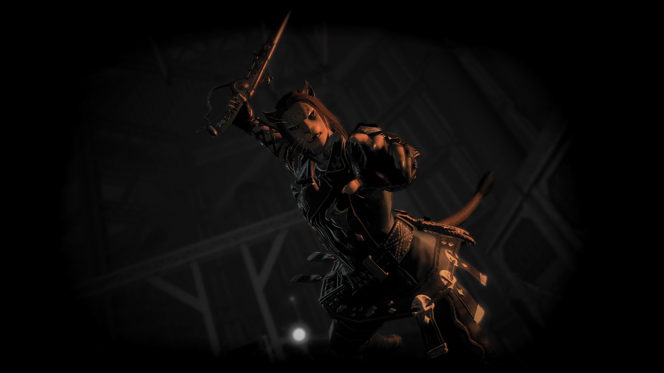 Nevrra, a hrothgar dressed in a green coat with metallic bracers, leaps with her hand outstretched toward the camera. Her other hand behind her wields a gunblade.