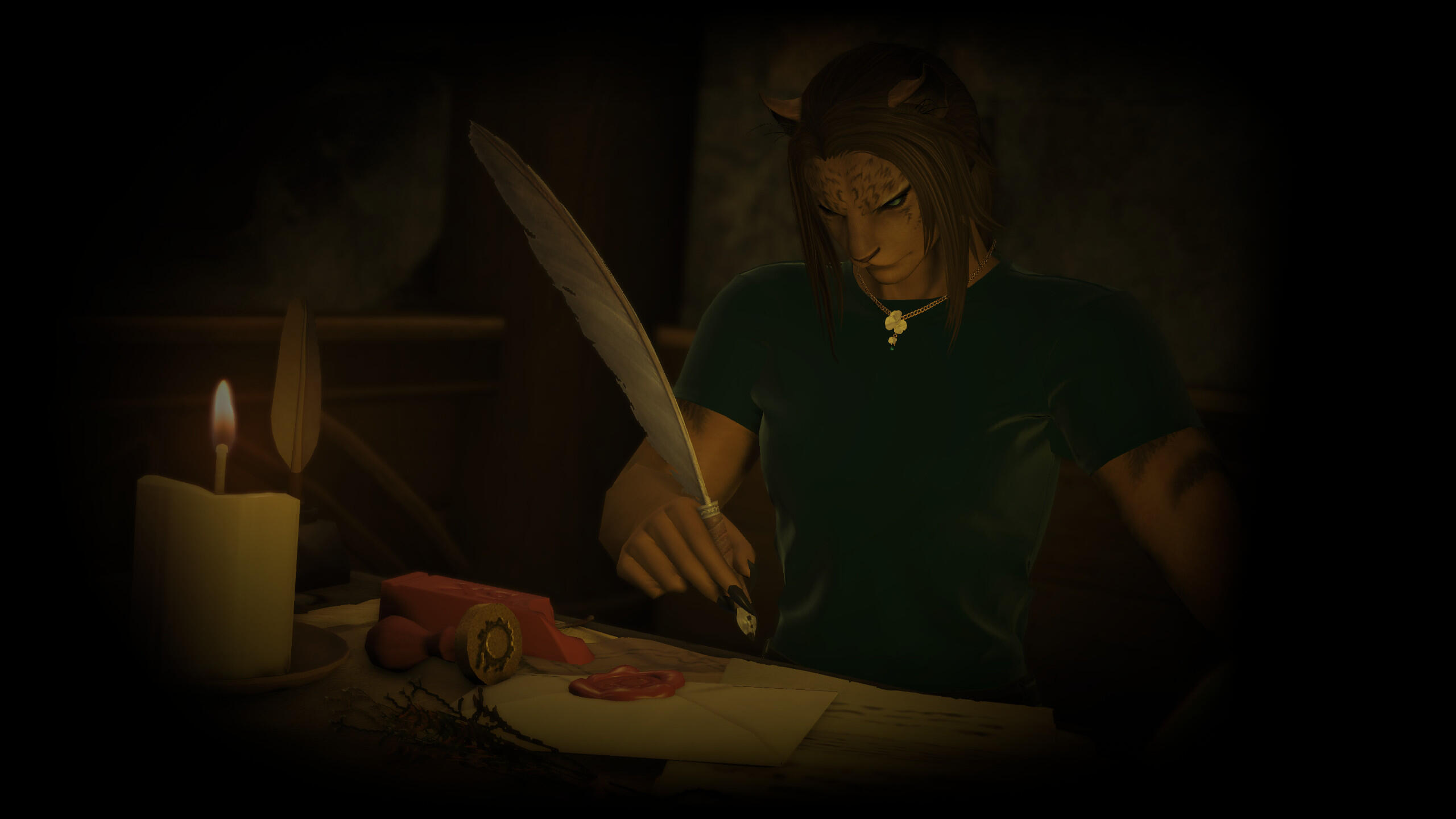 A female hrothgar with light brown fur and darker hair is holding a quill pen while sitting at a writing desk. There is an envelope before her with a wax seal, and a candle burning nearby.
