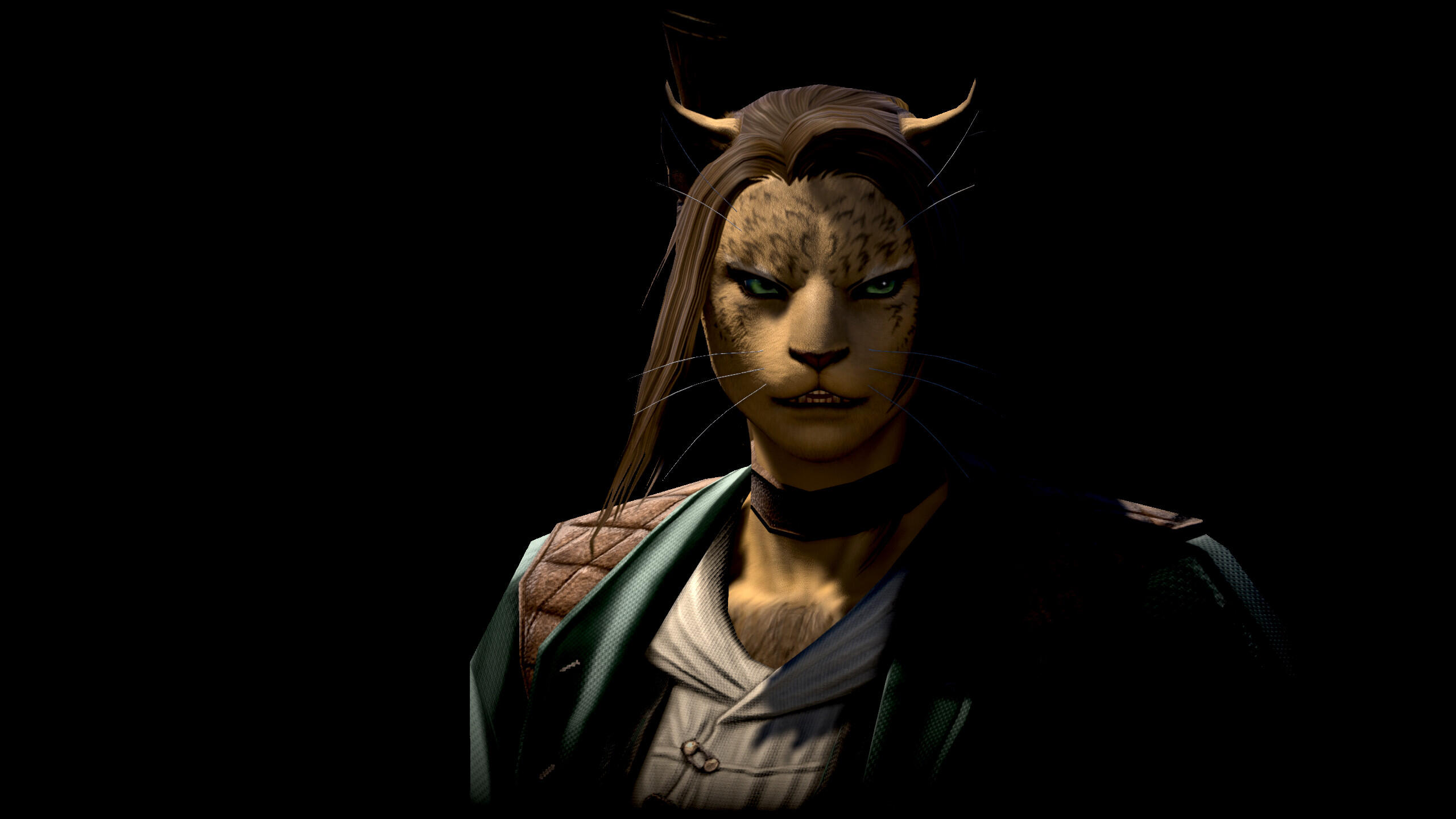 A hrothgar female seen in shadow. Nevrra has light brown fur and darker hair, with a green coat over an off-white shirt. Her mouth is slightly open as if surprised, but her green eyes are still focused.