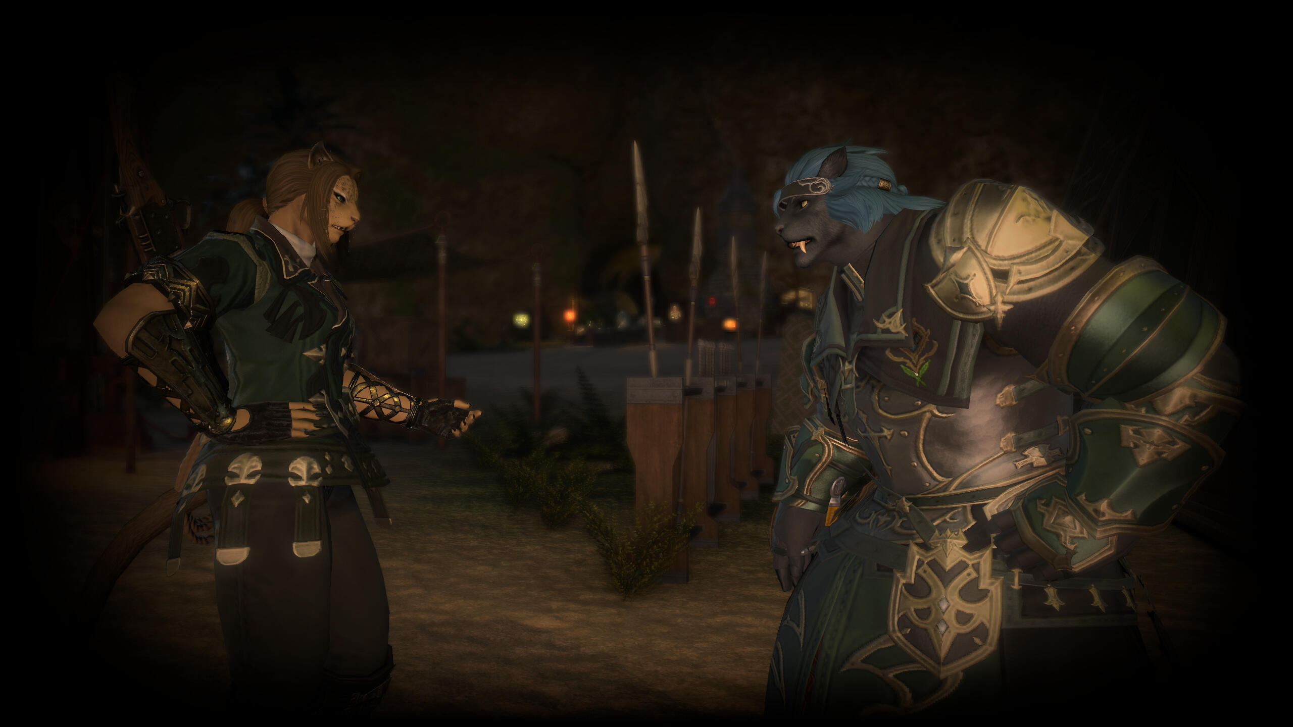 Two hrothgar, a male and female, are engaged in a discussion at a war camp. The female, Nevrra, has light brown fur and darker hair, with a green coat and black pants. The other has green armor, black fur, and blue hair. They are debating with each other.
